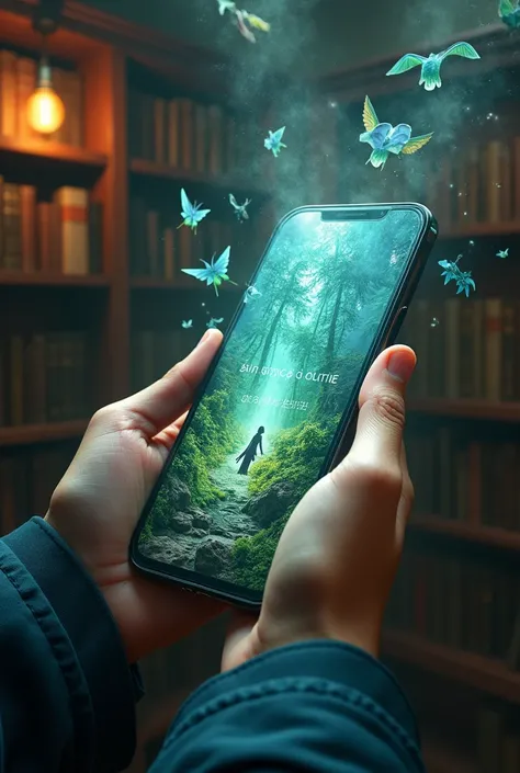 a phone with text (letters, story from a book) in it, a person holds the phone but you can see only the hands, out of the screen are coming out magic creatures and plants are growing out of the phone like a view into a magic world, in the background behind...