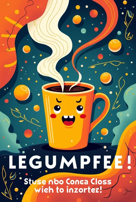 a advertising poster of chickpea coffee, with lyrics that say legumffee and
more colors, also a coffee cup