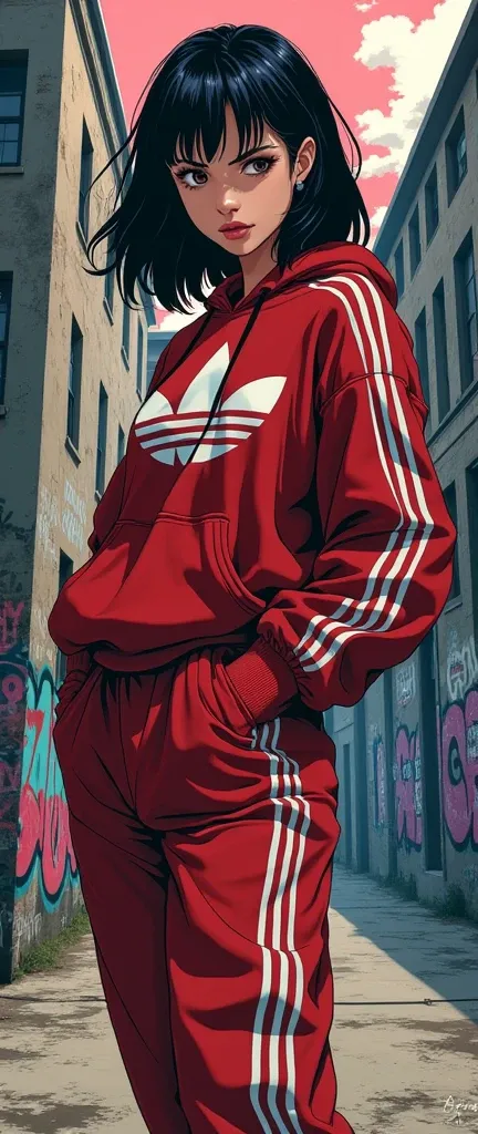 80s anime she is morbid rude and assertive as as she tilts her head and lets out dirty remark expression purely arrogantly dressed in swagger Black loose hip hop adidas tracksuit to her mouth giving her freedom to move with both agility and swagger with gr...