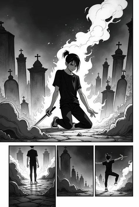 Of the highest quality, 超A high resolution, (masterpiece), (Brazilian Manhwa style illustration), (linear art_Anime), (black and white: 1.0), (monotone_highcontrast), manga page layout with multiple panels, each panel capturing different intense scenes of ...