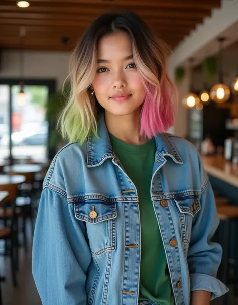 Beautiful Latina girl named Luna, middle length pink-yellow-green gradient hair, bob cut hairstyle, 20 years old, (((cute face))), wearing denim jacket, green t-shirt and trousers, natural light, set against a cafe background, ultra quality
