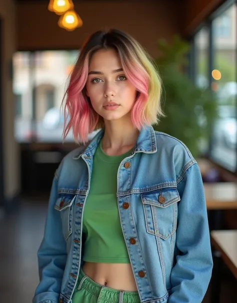 Beautiful Latina girl named Luna, middle length pink-yellow-green gradient hair, bob cut hairstyle, 20 years old, (((cute face))), wearing denim jacket, green t-shirt and trousers, natural light, set against a cafe background, ultra quality
