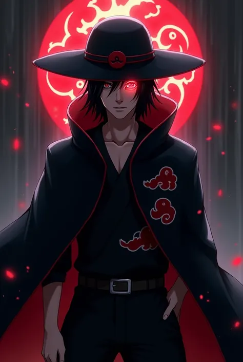 Itachi uchiha in akatsuki dress with mangekyou sharingan and with a akatsuki hat
