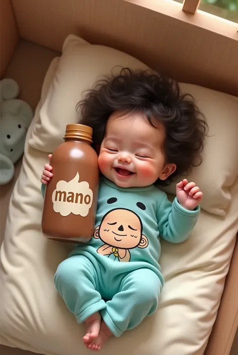 New born cute Indonesian baby girl, wearing cute light blue clothes with monkey d Luffy image on it, laying on her back on a small mattress, Curly thick hair, carrying a big Giant  chocolate milk bottle it says "MANO", happy face, smiling, top view, full b...