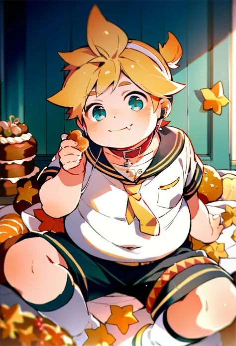 1 boy, (male child), (Kagamine Len), cute, chubby, fat, fang, school uniform, earphone, shorts, collar tie, (sitting in a room full of food and snacks), smiling, happily eating sweets 