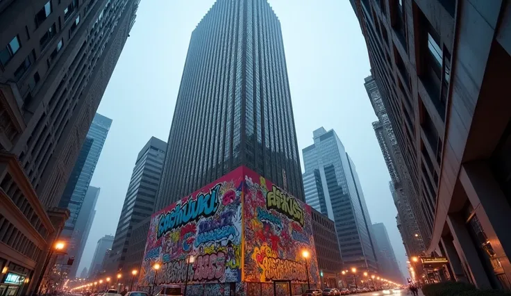 A towering skyscraper with a massive graffiti mural covering its side, the vibrant colors of the graffiti contrasting sharply with the grey urban landscape. The mural is the focal point of the scene, captured from a slightly low angle to emphasize the scal...