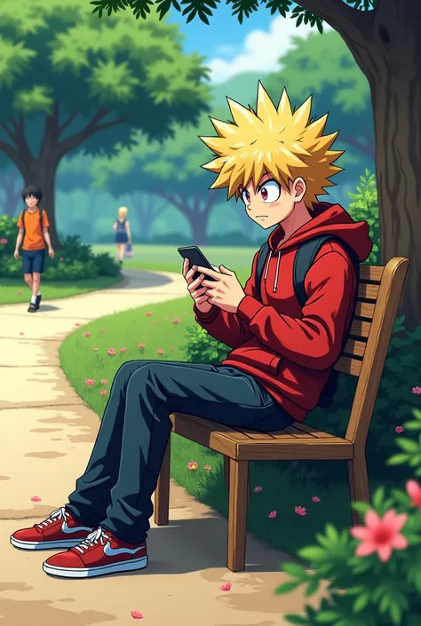 Katsuki Bakugo from My Hero Academia anime sitting on a chair in a public park while playing with his phone Anime, 