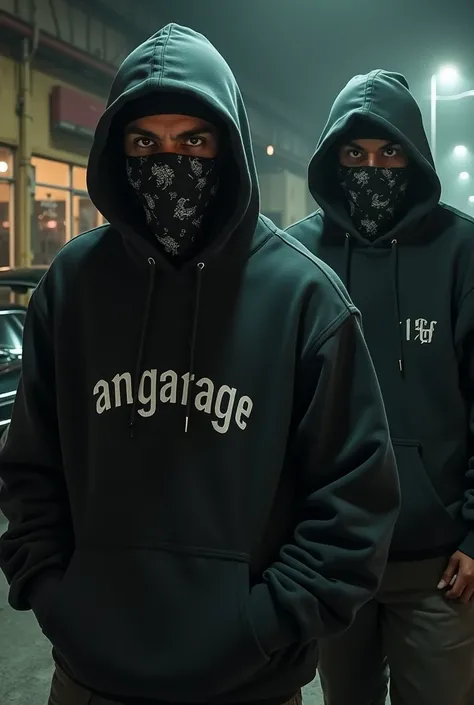 Dark street,men with black hoodie and black bandana,angry face,in background black lowrider,angarage text in hoodie 