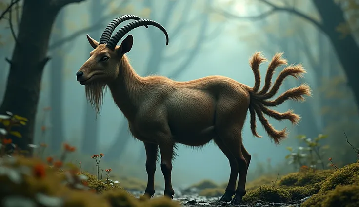 Side View，In the strange forest，There is a composite creature that looks like a goat，Has four ears，The tail has nine ponytails(best quality，4K，8k，High level，masterpiece：1.2），Ultra Detailed，（lifelike，Photo real，Photo real：1.37）