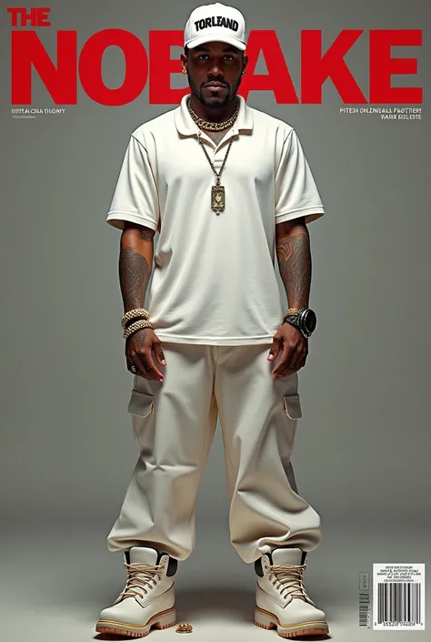 Create the image of a 20-year-old boy who is a hip hop superstar wearing a white cap with the phrase "central" A white polo shirt with the phrase Billon written on it, wide trousers and Timberland boots, tattooed arms, watch and chains, magazine cover in t...