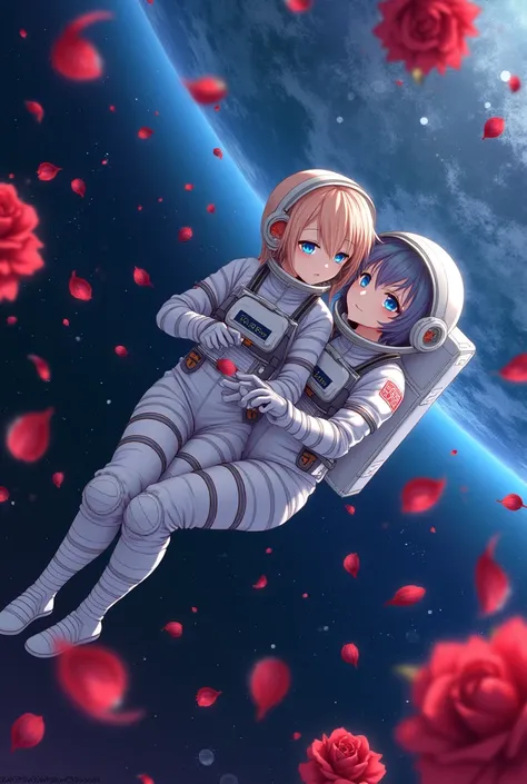 a vast outer space, with scattered red roses, and a floating female and male blue-eyed astronaut couple in the middle of it, beautiful anime