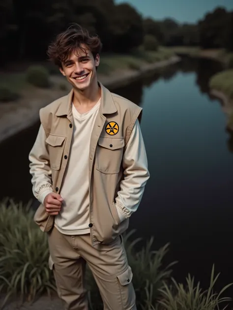 a young man in a biohazard suit, tan vest, khaki pants, messy hair, relaxed pose by a river, smiling at the camera, green plants, natural lighting, detailed face, high quality, photorealistic, 8k, masterpiece