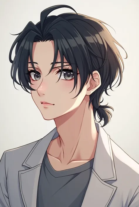 anime boy hairs short back and sides the top is left long and tide back in a ponytail