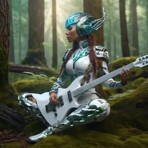 cyborg guitar, jensana, forest guardian, epic composition, hyperrealistic, 8k, hunter, porcelain cyborg