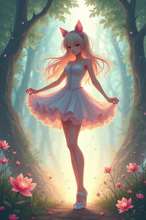 ((best quality)), ((masterpiece)), (detailed), A magical girl with long legs wearing a wide miniskirt. (((((((Her legs are five times longer than her upper body))))))).   short girl, cute, sexy, (((((loli)))))