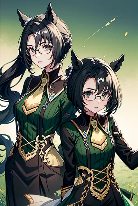 it's about time、horse ear woman,height: 158cm, standard body type, black hair, low ponytail, droopy eyes, glasses, tear under th...