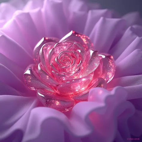 create a decor piece,shiny-dazzling pink crystal rose ornament, place it on a table with shiny purple tulle canvas and write the name ""Classic"", painting, movie, poster,best photo vibrant concept art 3d rendering, typography, product, 3d render