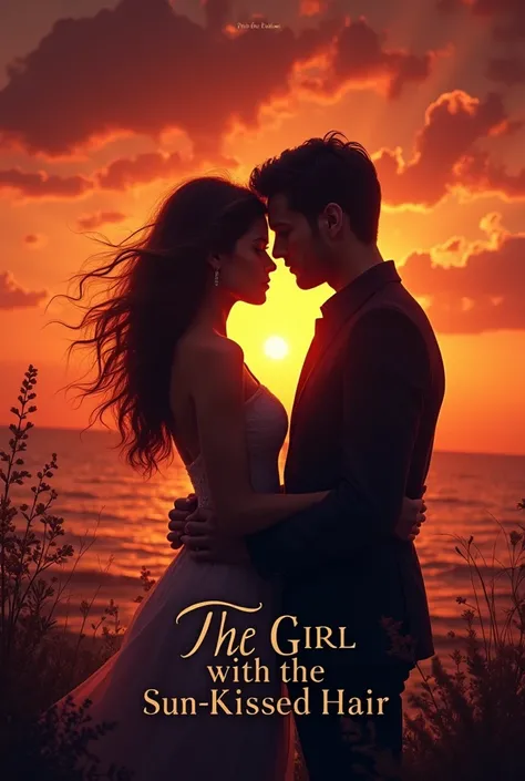 Create a book cover with the title "the girl with the sun-kissed hair" with the silhouette of a man and a woman facing each other and behind them a sunset with dark red tones 