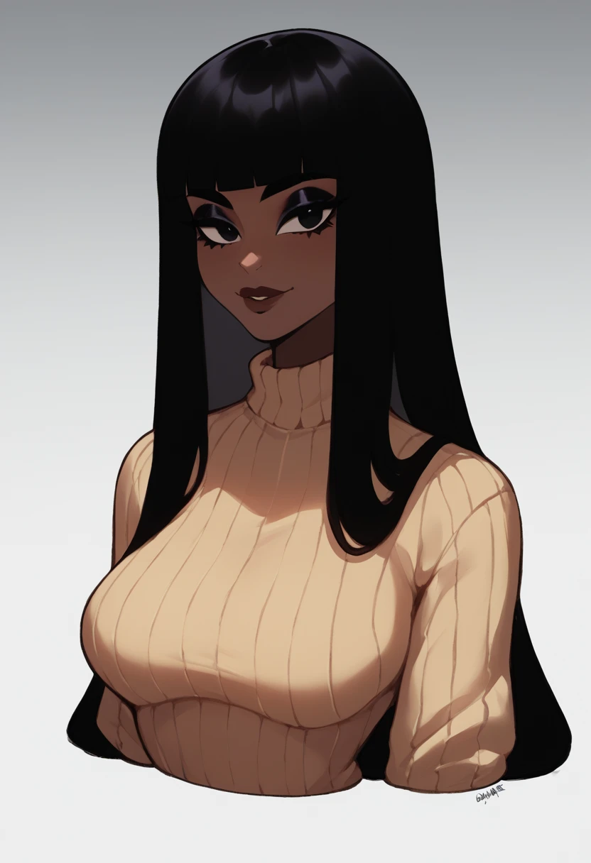 score_9, score_7_up sonacb, dark skin, black hair, long hair, hime cut, colored inner hair, makeup, portrait, looking at viewer, sweater, breasts, cinnabus arts style, sexy