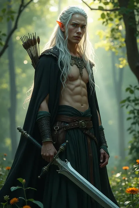 A 2 one male elf in the forest, with pale skin, silver and braided hair, ice blue eyes, small ears.a long sword in his hand and a bow and arrows on his waist. long black cloak.little big muscle.show all body.radianting light hair.