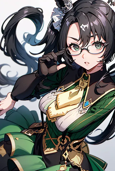 it's about time、horse ear woman,height: 158cm, standard body type, black hair, low ponytail, droopy eyes, glasses, tear under th...