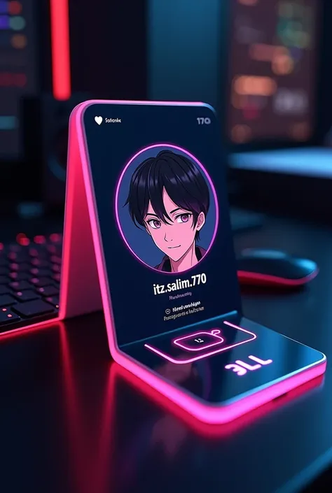 creat a instagram profile and glass id card on a black desk displaying instagram logo and realistic profile photo of a anime boy in circle and " itz.salim.770 " is written in bold fonts under the profile photo and 172 follower written the instagram card is...