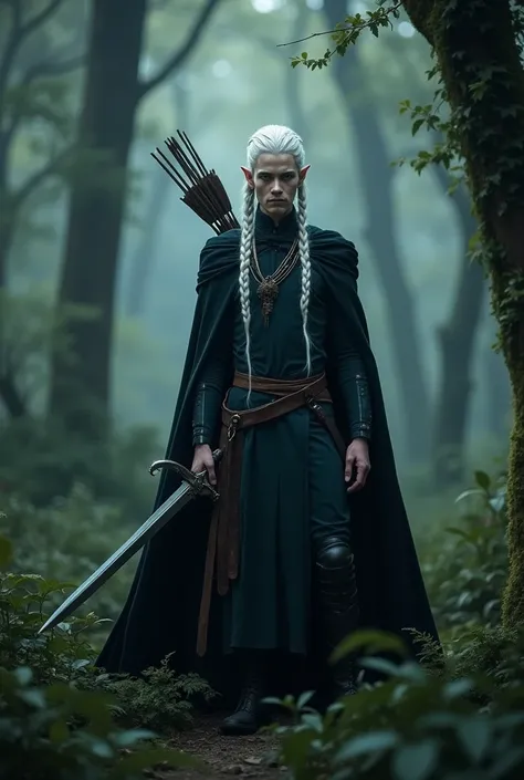 A 2 one male elf in the forest, with pale skin, silver and braided hair, ice blue eyes, small ears.a long sword in his hand and a bow and arrows on his waist. long black cloak.little big muscle.dark romance style and show all body