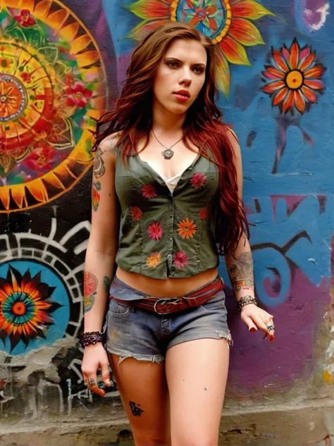 scarlett johansson, (rebellious european girl)，brightly colored tattoos on arms and legs，(middle finger raised:1.3)，provocative ...