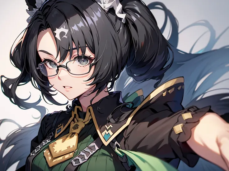 it's about time、horse ear woman,height: 158cm, standard body type, black hair, low ponytail, droopy eyes, glasses, tear under th...