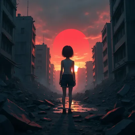 dark anime style, girl in the middle of destroyed houses