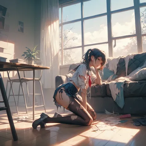 ruanyi0921,indoors,sunlight,window,table,couch,,,ruanyi0917,torn clothes,school uniform,white shirt,side-tie panties,full body,kneeling,score_9,score_8_up,score_7_up,,8k,1girl,solo,,
