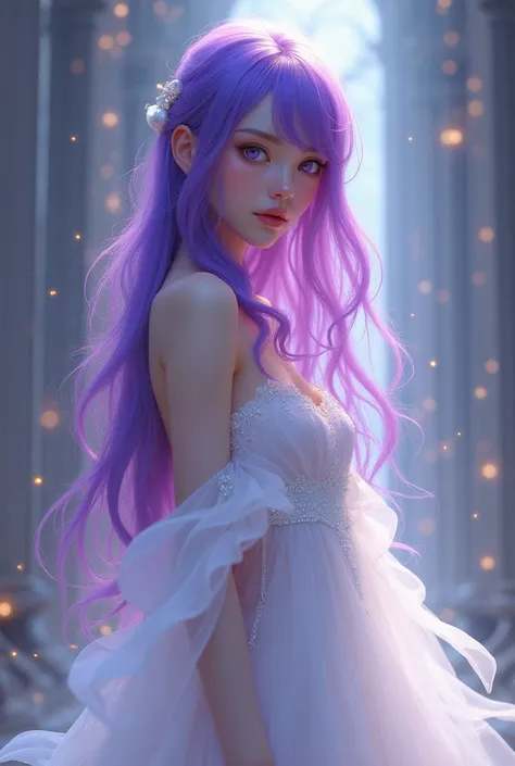 girl,purple hair,purple eyes,White long dress,high-heels