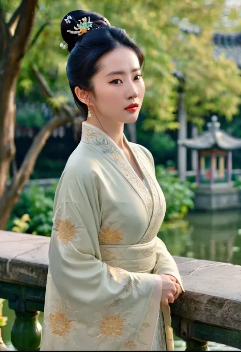 lin daiyu stands on a magnificent stone bridge within the grand view garden，the golden rays of the setting sun illuminate her so...