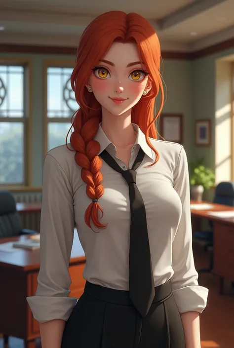 hand, hand, Long Hair, smile, bangs, Small breasts, (Yellow Eyes:1.2), Braiding, Redhead, Braidinged ponytail, The eyes are round, 
break shirt, Long sleeve, White shirt, tie, Collared shirt, pants, black pants, formal, suit, black tie, Tucked in shirt, of...