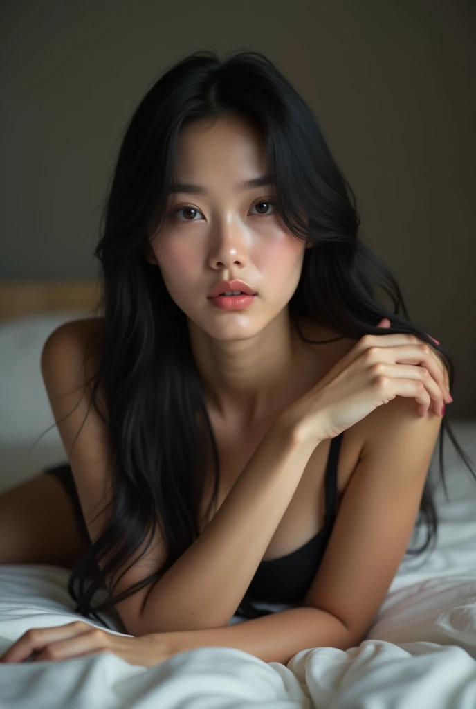 A beautiful woman lying on pillow in black bra revealing with black straight hair no makeup very natural and ultra realistic selfie with no teeth visible and closed lips 