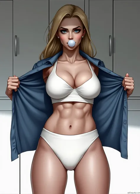 (masterpiece, best quality)), ((((perfect anatomy)))), ((Buff)) Norwegian woman with long blonde hair, dark eyeshadow, dark blue eyes, blowing bubble gum, opening blue shirt, white high cut panties, wide hips, in a locker room, (((realistic art style)))