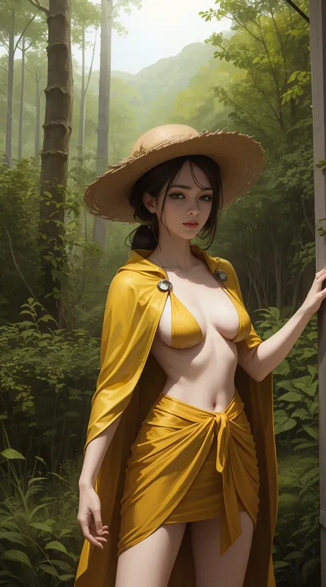 "a very realistic naked woman", "facing the camera", 8k high resolution quality, standing in a lush forest", surrounded by tall ...