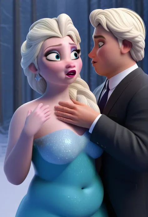 (( 3D, a slim and short Man indulging Elsa,a Man touching elsas cheeks,A Man pinching and  touching Elsas Belly )) ,Tall ,slim faced Surprised Chubby Elsa,literally gained put on weight,fullbodyimage,Raised Eyebrows, Plump body,in the snowy Arendelle fores...