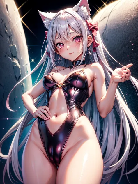 Silver hair, pink eyes, body, cat ears, woman, earrings, sparkle background, red clothes, diamond hair bows, happy face,
,ชุดรัดรูป, camel toe, โชว์กางเกงใน , โชว์หน้าอก, หัวนม, กางขา,