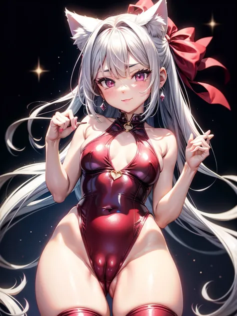 Silver hair, pink eyes, body, cat ears, woman, earrings, sparkle background, red clothes, diamond hair bows, happy face,
,ชุดรัดรูป, camel toe, โชว์กางเกงใน , โชว์หน้าอก, หัวนม, กางขา,