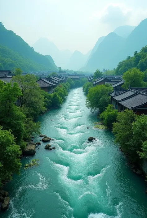 Real photo, mid-range, low-angle shot, in the middle of the picture is a long vertical river with sparkling waves, the water is clear and transparent, the water is blue and green, the river is deep, on both sides of the bank are traditional Chinese black-r...