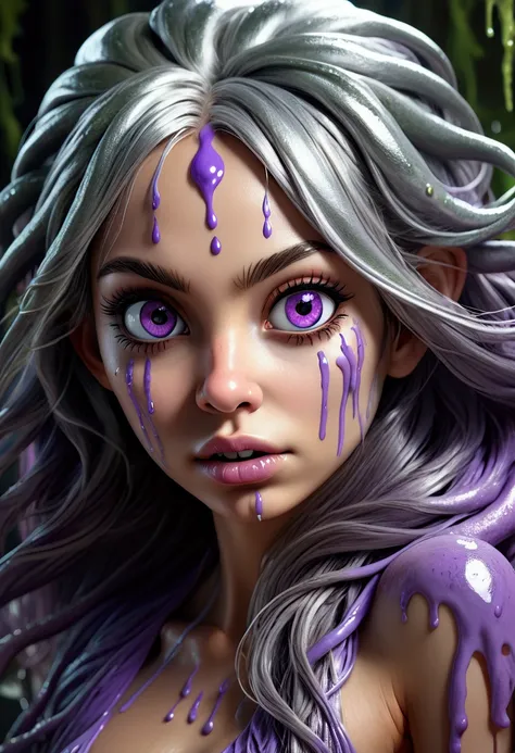 a silver purple slime monster girl, 1girl, slime monster, beautiful detailed eyes, beautiful detailed lips, beautiful detailed f...