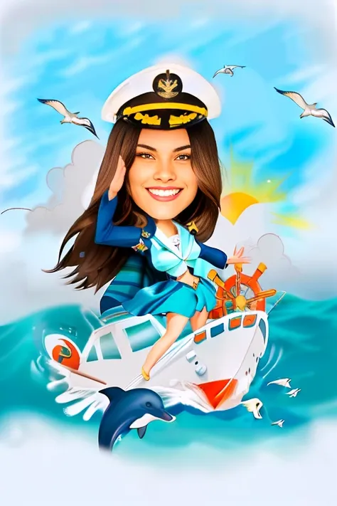 digital drawing, best quality, 8k, of a woman, a sailor, on a boat at sea, with seagulls around her, dolphins jumping near the b...