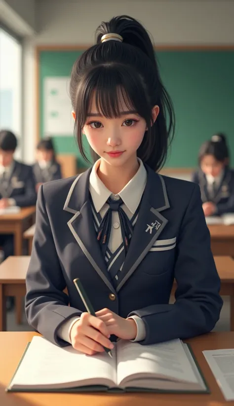 studying in classroom、short black ponytail、Beautiful girl、Wear a uniform、Large Breasts、live-action