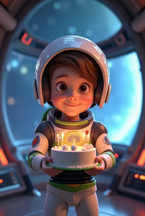 Pixar style,  boy with brown hair Brown eyes, wearing buzz lightyear suit with the buzz lightyer helmet on a starship in the universe with a birthday cake on his hands