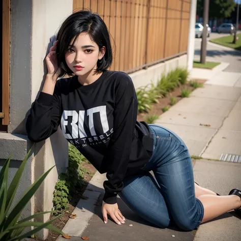 Full body photo, beautiful detailed, cute face, short, slim Guanajuato teen, short black hair, black hair over one eye, long sleeve T-shirt, long pants, solo, voluptuous breasts,