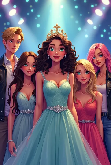 Book illustration Featuring: a beautiful 16 years-old girl with green eyes and curly hair wearing a beautiful dress and a diadem,shining under spotlights, winning a miss competition. beside her is her 13 years-old sister, also very beautiful. A handsome 16...