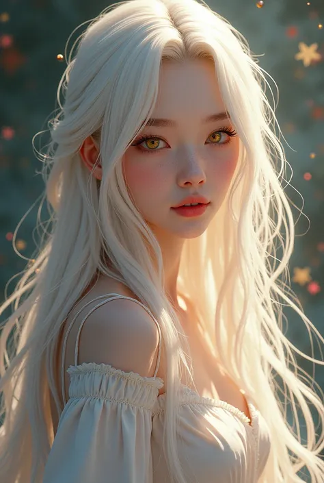 A young woman with long white hair, gold eyes, wearing long sleeve covering chest modern style clothes, (best quality,4k,8k,highres,masterpiece:1.2),ultra-detailed,(realistic,photorealistic,photo-realistic:1.37),anime style,zoom out,intricate details,beaut...