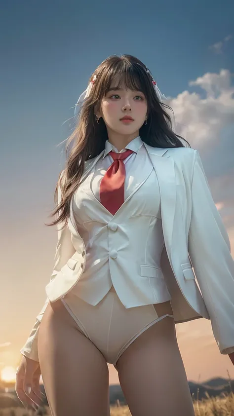 ((Masterpiece, best quality, very detailed), Volumetric light, surrounding occlusion, Rich and colorful, glow), 1 woman, lonely, young girl, (Black bangs), long hair, radius, wind energy, sacred, goddess, CEO vibe, (White suit with Red necktie:1.3), armor,...