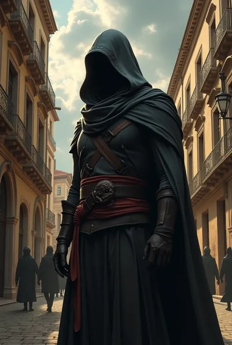 a highly detailed digital painting of a hooded assassin in a renaissance city, dramatic lighting, cinematic composition, ornate architecture, cobblestone streets, dramatic clouds in the sky, warm color palette, chiaroscuro lighting, dramatic pose, focused ...